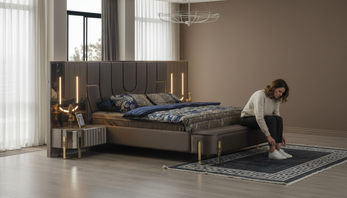 Cama de lujo moderna doble marrón marco de cama dormitorio nuevo.