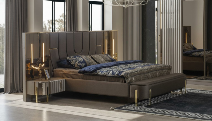 Cama de lujo moderna doble marrón marco de cama dormitorio nuevo.