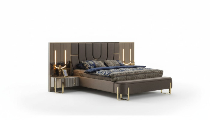 Cama de lujo moderna doble marrón marco de cama dormitorio nuevo.