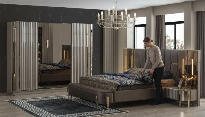 Juego de dormitorio cama doble de lujo moderna marrón conjunto de 4 piezas nuevo