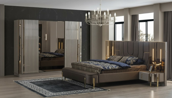 Juego de dormitorio cama doble de lujo moderna marrón conjunto de 4 piezas nuevo