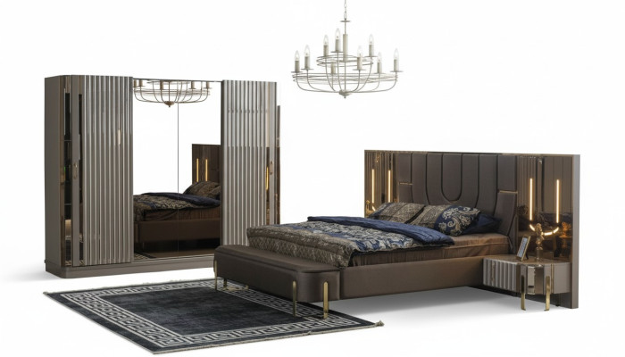 Juego de dormitorio cama doble de lujo moderna marrón conjunto de 4 piezas nuevo