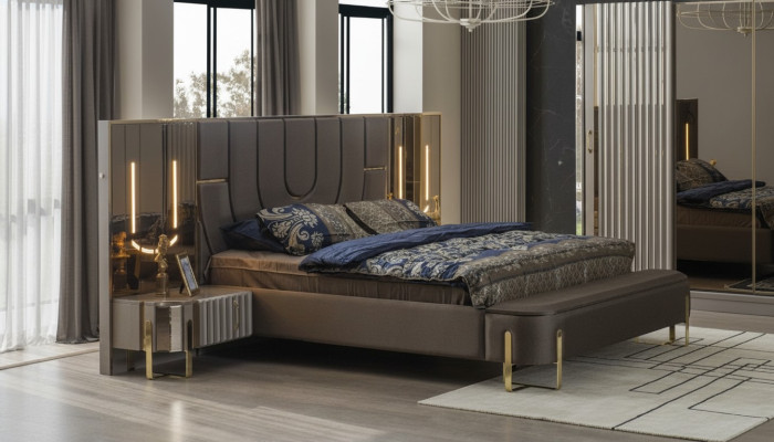 Juego de cama doble de lujo para dormitorio moderno en marrón, diseño de 3 piezas.