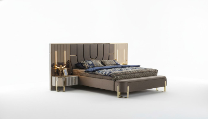 Juego de cama doble de lujo para dormitorio moderno en marrón, diseño de 3 piezas.