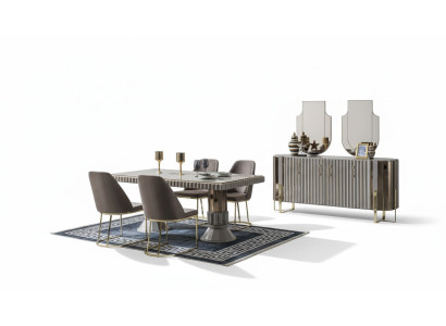 Juego de comedor de lujo gris de 7 piezas con mesa de comedor y sillas de esquina.