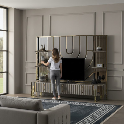 Soporte de TV RTV Lowboard Aparador Sala de estar Oro Gris Lujo Madera Nueva