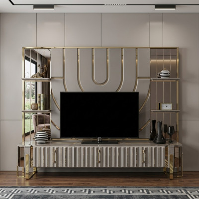 Soporte de TV RTV Lowboard Aparador Sala de estar Oro Gris Lujo Madera Nueva