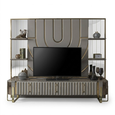 Soporte de TV RTV Lowboard Aparador Sala de estar Oro Gris Lujo Madera Nueva