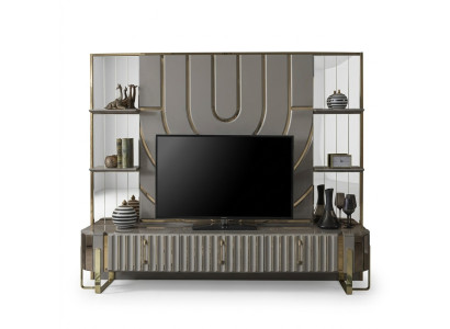 Soporte de TV RTV Lowboard Aparador Sala de estar Oro Gris Lujo Madera Nueva