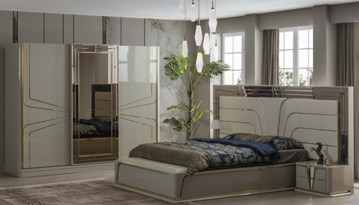 Conjunto de dormitorio moderno en beige con acento europeo.
