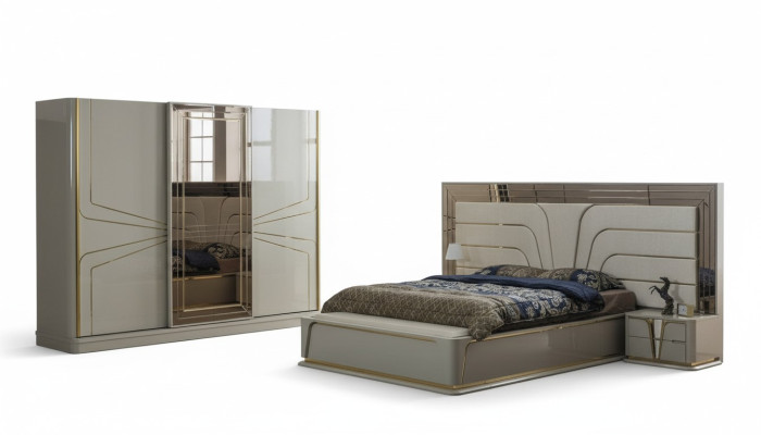 Conjunto de dormitorio moderno en beige con acento europeo.