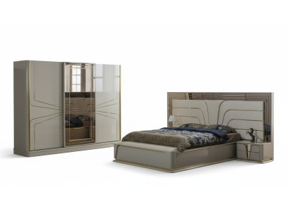 Conjunto de dormitorio moderno en beige con acento europeo.