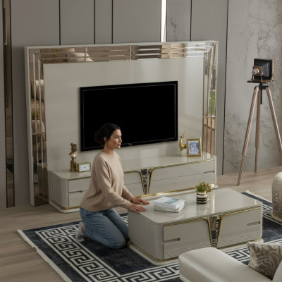Soporte de TV RTV Lowboard Aparador Sala de estar Oro Beige Lujo Madera Nueva