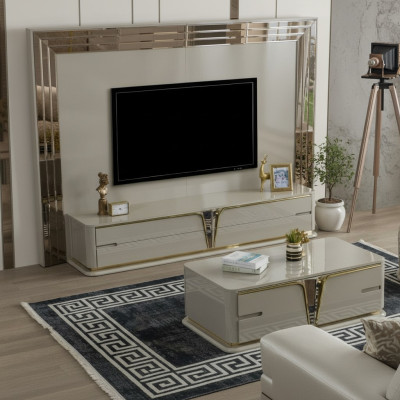 Soporte de TV RTV Lowboard Aparador Sala de estar Oro Beige Lujo Madera Nueva