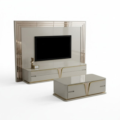 Soporte de TV RTV Lowboard Aparador Sala de estar Oro Beige Lujo Madera Nueva