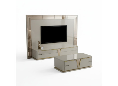 Soporte de TV RTV Lowboard Aparador Sala de estar Oro Beige Lujo Madera Nueva