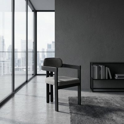 Una silla ultramoderna con una forma inusual e interesantes patas con un cómodo respaldo en gris y negro para el comedor.