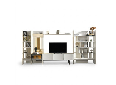 Conjunto de pared para la televisión, soporte de TV, mueble bajo, aparador, estanterías de madera blanca.