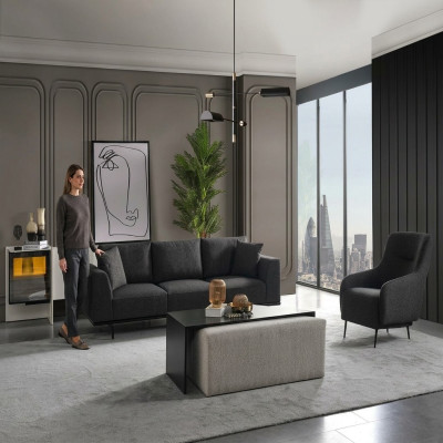Sofá de 4 plazas con sillón a juego de tela moderno en gris.