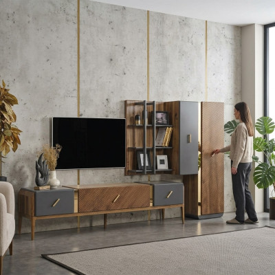 Unidad de pared para televisión RTV, soporte bajo, aparador, estantes de madera marrón.