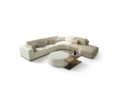 Sofá esquinero blanco en forma de L con mesa de centro de lujo, muebles de tela blancos nuevos de diseño.