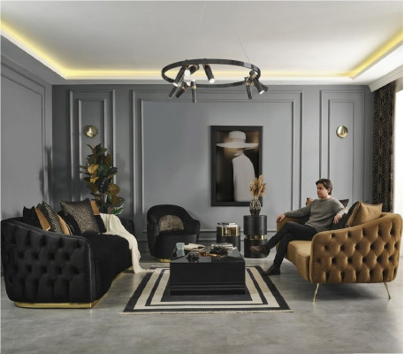 Chesterfield Conjunto de sofá y sillón azul de poliéster de lujo de 3 piezas.