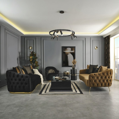 Chesterfield Conjunto de sofá y sillón azul de poliéster de lujo de 3 piezas.