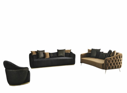 Conjunto de sofá Chesterfield 3 plazas en azul de poliéster, 2 piezas.