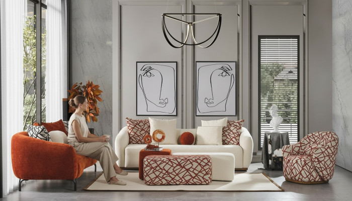 Juego de sofás sofá sillón 431 asiento tela sofás de lujo naranja sala de estar
