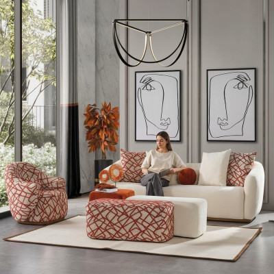 Sofá de sala de estar Set de sofá de 4 plazas Sillón 3x Taburete Blanco Cuatro plazas Tela