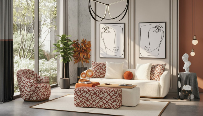 Sofá de sala de estar Set de sofá de 4 plazas Sillón 3x Taburete Blanco Cuatro plazas Tela