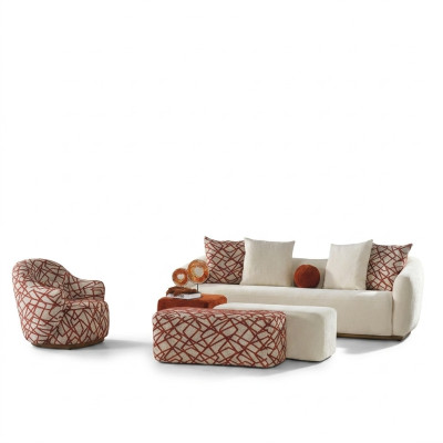 Sofá de sala de estar Set de sofá de 4 plazas Sillón 3x Taburete Blanco Cuatro plazas Tela