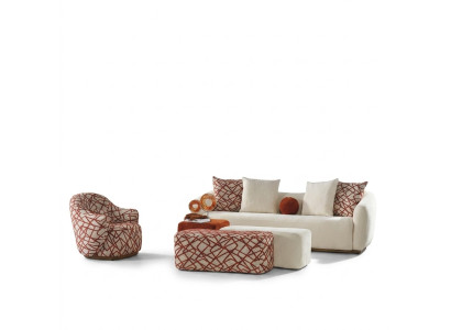 Sofá de sala de estar Set de sofá de 4 plazas Sillón 3x Taburete Blanco Cuatro plazas Tela