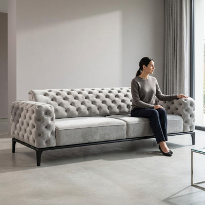 Sofá de tres plazas Sofás de 3 plazas Tela blanca Salón Chesterfield Nuevo