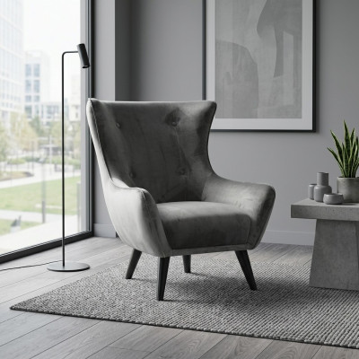 Sillón orejero de tela para sala de estar de poliéster, diseño moderno en gris.