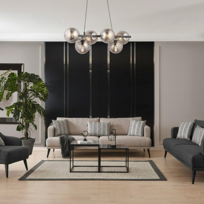 Conjunto completo de sofás 431 plazas en tela gris moderna.