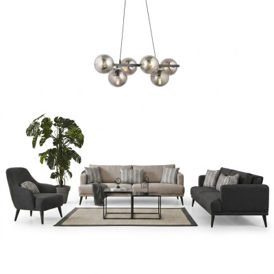 Conjunto completo de sofás 431 plazas en tela gris moderna.