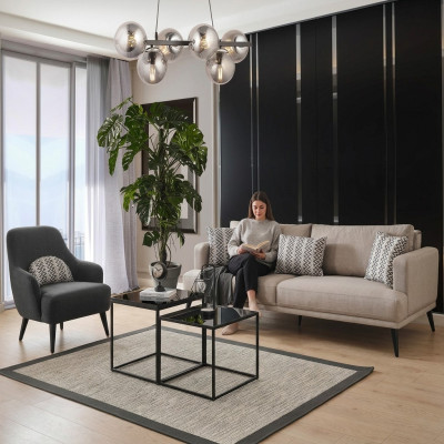 Sofá conjunto sofá de 3 plazas sillón tela beige moderno poliéster juego