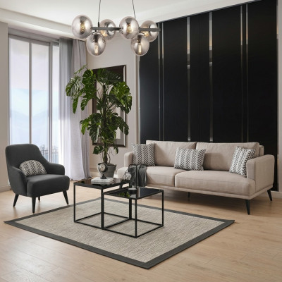 Sofá conjunto sofá de 3 plazas sillón tela beige moderno poliéster juego