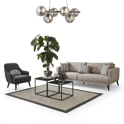 Sofá conjunto sofá de 3 plazas sillón tela beige moderno poliéster juego