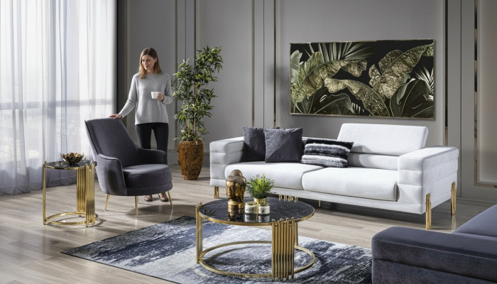 Juego de sofá de lujo, sofá de 4 plazas y sillón tapizado moderno blanco, set moderno.