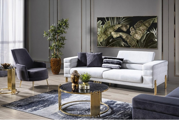 Juego de sofá de lujo, sofá de 4 plazas y sillón tapizado moderno blanco, set moderno.