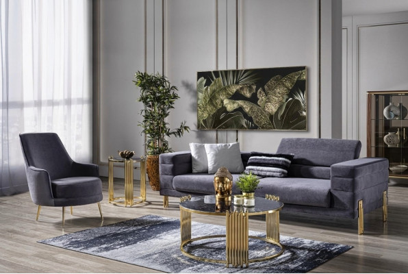 Juego de sofás de lujo, sofá de 3 plazas, sillón, tela gris moderno, conjunto moderno.