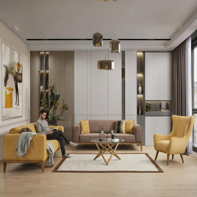 Sofá conjunto Completo Sofá 431 Plazas Sillón Tela Amarillo Set 3 piezas Nuevo