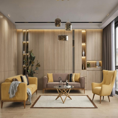 Sofá conjunto Completo Sofá 431 Plazas Sillón Tela Amarillo Set 3 piezas Nuevo