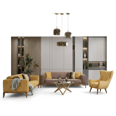 Sofá conjunto Completo Sofá 431 Plazas Sillón Tela Amarillo Set 3 piezas Nuevo