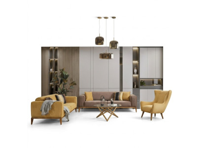 Sofá conjunto Completo Sofá 431 Plazas Sillón Tela Amarillo Set 3 piezas Nuevo