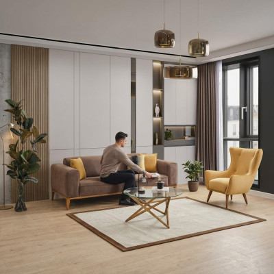 Conjunto de sofás Sofá de 4 plazas Sillón Amarillo Tela Marrón Moderno de Cuatro Plazas