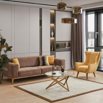 Conjunto de sofás Sofá de 4 plazas Sillón Amarillo Tela Marrón Moderno de Cuatro Plazas