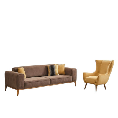 Conjunto de sofás Sofá de 4 plazas Sillón Amarillo Tela Marrón Moderno de Cuatro Plazas